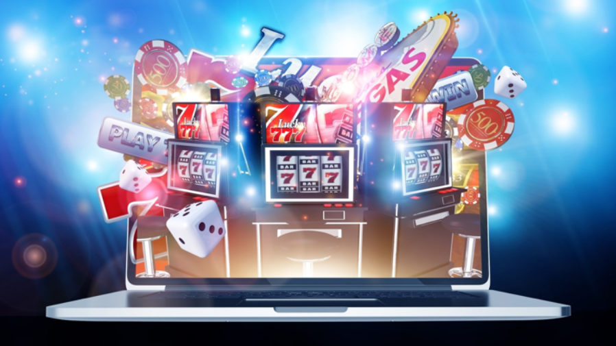 แล็ปท็อปแสดงเกมสล็อตและคาสิโนออนไลน์ ภาพประกอบวิธีฝากเงิน Betflix 2